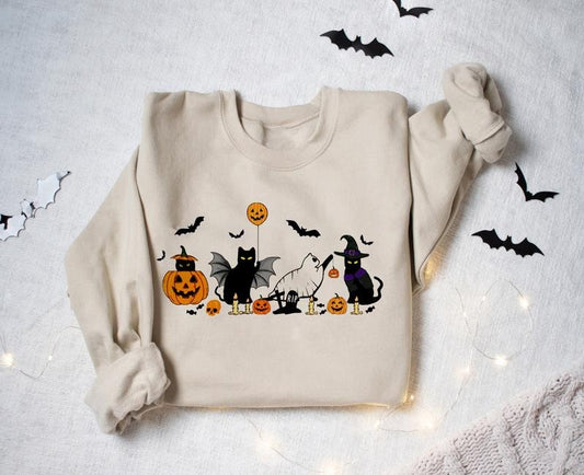 Cat Halloween Sweatshirt, Ghost Cat Halloween Shirt, Black Cat And Pumpkin Shirt, Pumpkin Fall Halloween Sweater,...