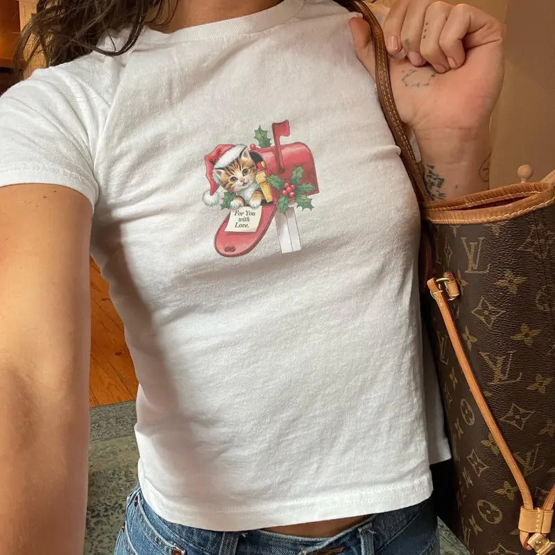 Cat Kitten in Mail Coquette Christmas Baby Tee - Bold and Trendy Graphic Tee for Women