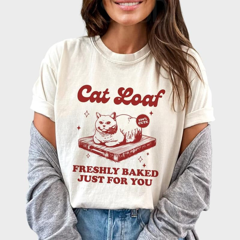 Cat Loaf Shirt, Trendy Cute Cat T-shirt For Women, Cat Lover Gift, Funny Cat Comfy Oversized Graphic Tee, Retro Cat Tops...