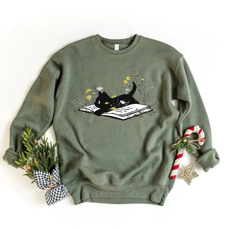 Cat Mom Shirt, Cat Lover Tee, Cute Book Cat Shirt, Floral Book Shirt, Book Lover Sweatshirt, Reader Bookish Tee, Cat...
