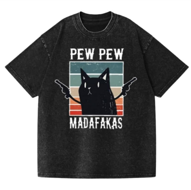 Cat Pew Pew Madafakas Vintage Wash Japanese Design T-Shirt, Funny Anime Graphic Tee Shortsleeve Comfort Top Hoodie,...