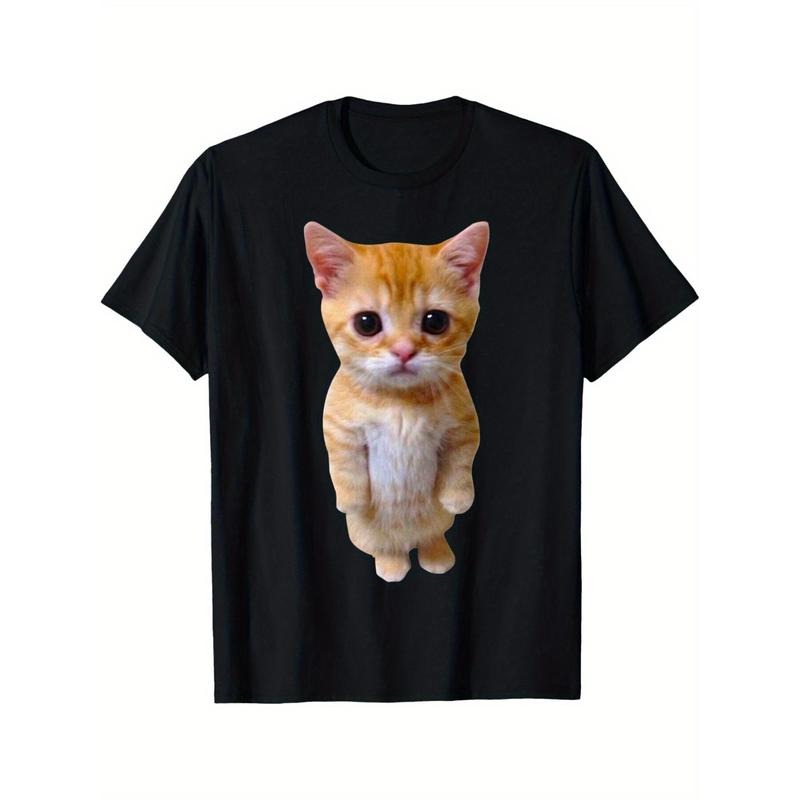 Cat Print T-shirt Cotton Casual Summer Tee, Trendy Tops Crew Neck Tee, Comfort Street Style Tee, Must-have Fashionable...