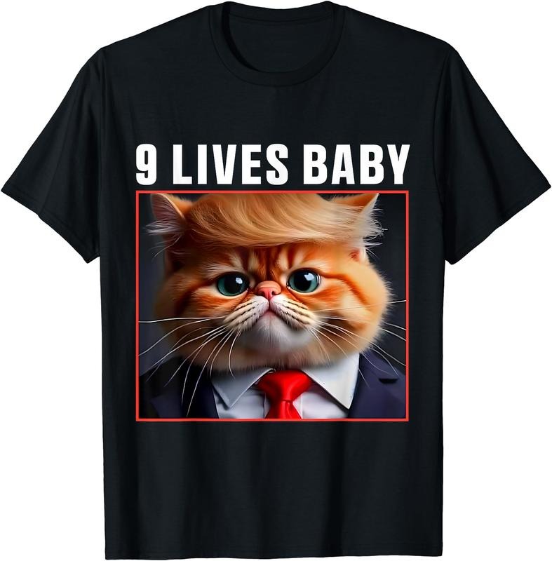 Cat Trump 9 Lives Baby T-Shirt | Unisex Cotton Tee, Short Sleeve, Size S-5XL Hoodie, Sweatshirt | WearSparks.com