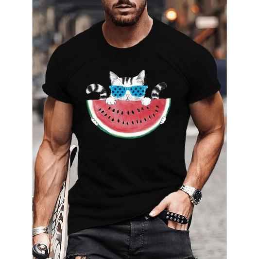 Cat With Watermelon Print T-Shirt, Tees For Men, Casual Crew Neck Short Sleeve T-shirt For Summer made in usa Hoodie,...