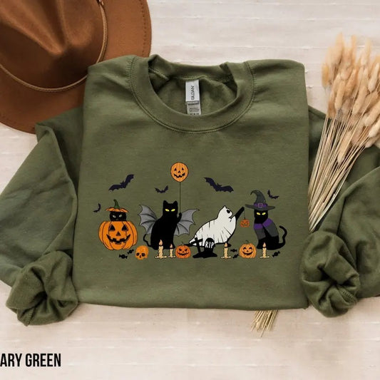 Cat halloween sweatshirt, ghost cat shirt, Halloween Sweater, Halloween Cat Shirt, Cat Lover Shirt Cotton Hoodie