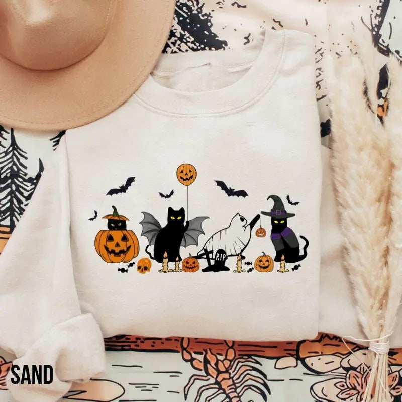 Cat halloween sweatshirt, ghost cat shirt, Halloween Sweater, Halloween Cat Shirt, Cat Lover Shirt, Black Cat Shirt,...