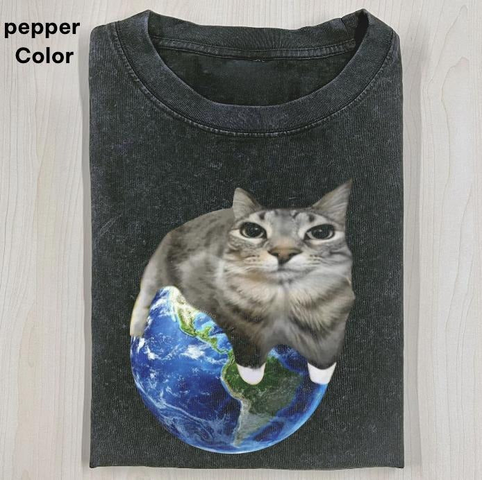 Cat peeking over Earth T-SHIRT, WACKY CAT T-SHIRT, FUNNY CUTE CAT, Casual, Graphic Tee, funny shirts for women, funny tee...