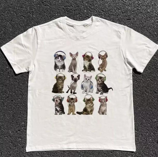 Cats HeadPhone T-Shirt, Unisex Vintage Graphic Tees Gothic Grunge Y2k Emo, Graphic tee, Fashion Cotton, Streetwear, Full...