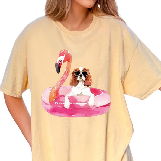 Cavalier Flamingo Float Dog Shirt ~ Unisex Apparel Relaxed Fit Printed In The USA Clothing Womenswear Casual Comfort...