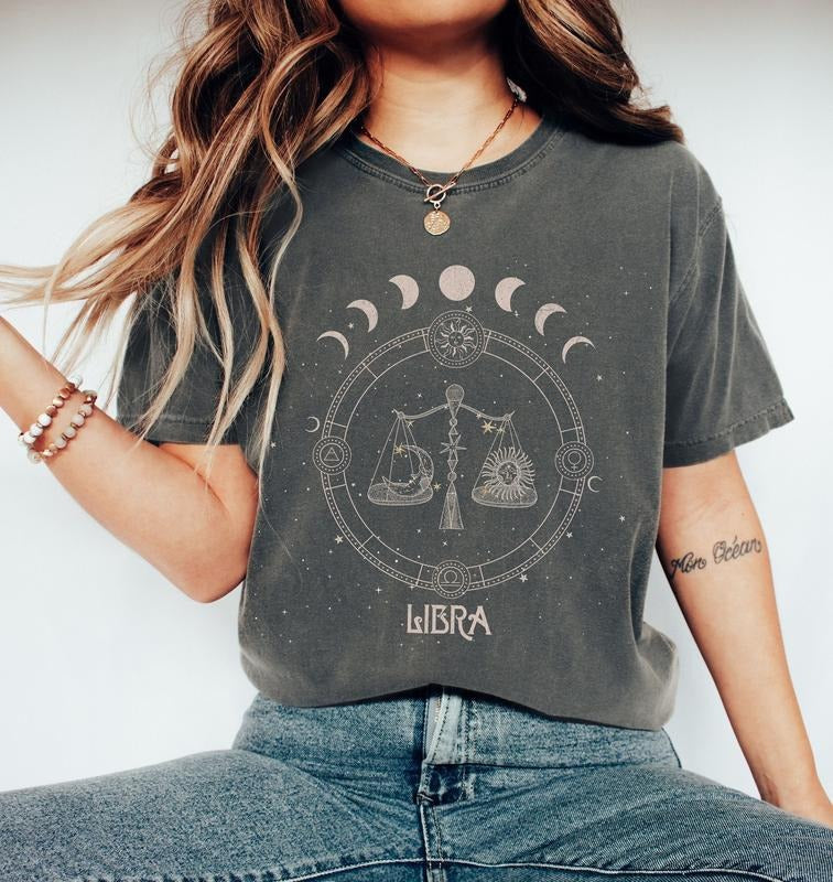 Celestial Libra Zodiac Moon T-Shirt, Celestial Gift, Astrology Mystical tee, Moon Phase Astronomy, Vintage Inspired, Air...