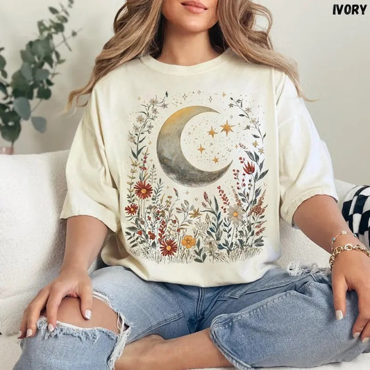Celestial Moon & Stars Flowers Shirt, Boho Mystical Shirt, Vintage Shirt, Spiritual Moon Women Clothing Gifts Shirt...
