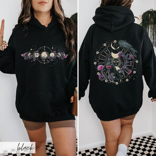 Celestial Ravens and Thistles Hooded, Moon Phase Whimsigoth Crow Hoodie, Spiritual Bird Lover Dark Academia Gift for...