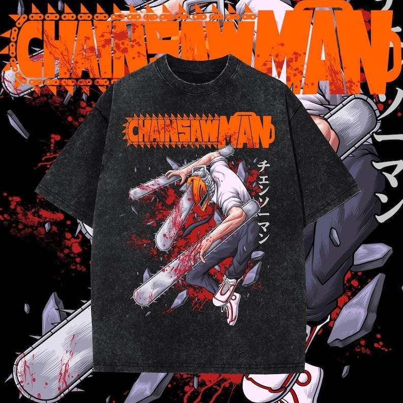 Chainsaw Man One-Sided Design Heavy Oversized Dyenomite Mineral Wash Unisex Anime T-Shirt Streetwear & Gym Style Cotton...