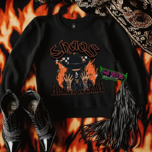 Chaos Cloaked in Grace -  Black Crewneck Sweatshirt | Punk, Alt, Grunge, Goth, Skeleton, Western Style T-Shirts, Hoodie