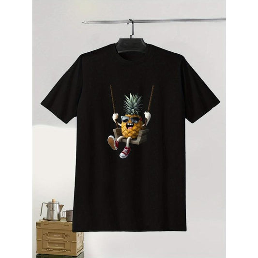 Character Anthropomorphic Pineapple Swinging Print, Men's Niche Crew Neck Tees, Casual Comfy T-shirts For Men, Clothing...