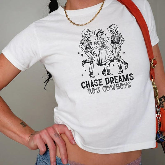Chase Dreams Not Cowboys Baby Tee, Western Cowgirl Baby Tee, Yeehaw Cowgirl T-Shirt, Vintage Cowgirl Baby Tee, Aesthetic...