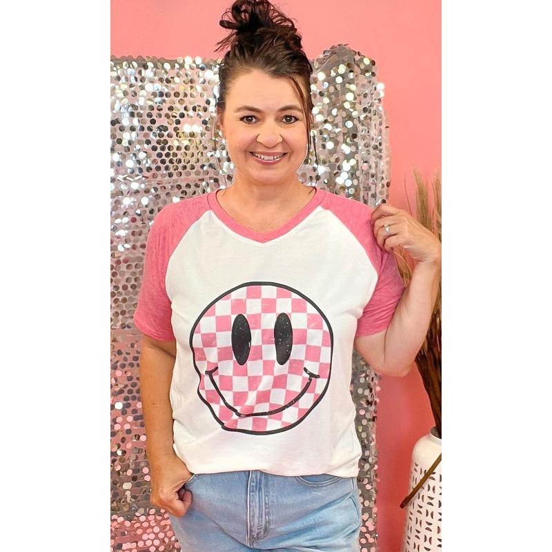 Checkerboard Smiley Graphic Natural-Red V-Neck T-Shirts, Hoodie, Sweatshirt | WearSparks.com