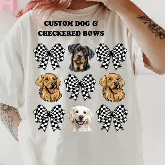 Checkered Bow & Custom Dog Shirt~ Unisex Apparel Relaxed Fit Printed In The USA Clothing Womenswear Casual Comfort Cotton...