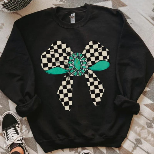 Checkered Bow Crewneck vintage sweatshirts, cowgirl outfits, western outfits women clothing, country western girl tops...