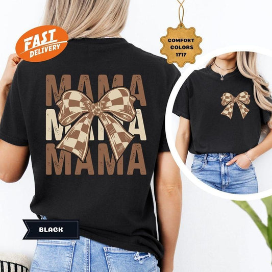 Checkered Bow Mama Shirt, Coquette Bow Gift for Mom, Mothers Day Gift, Mama Tshirt, Baby Shower Gift, New Mom Shirt...