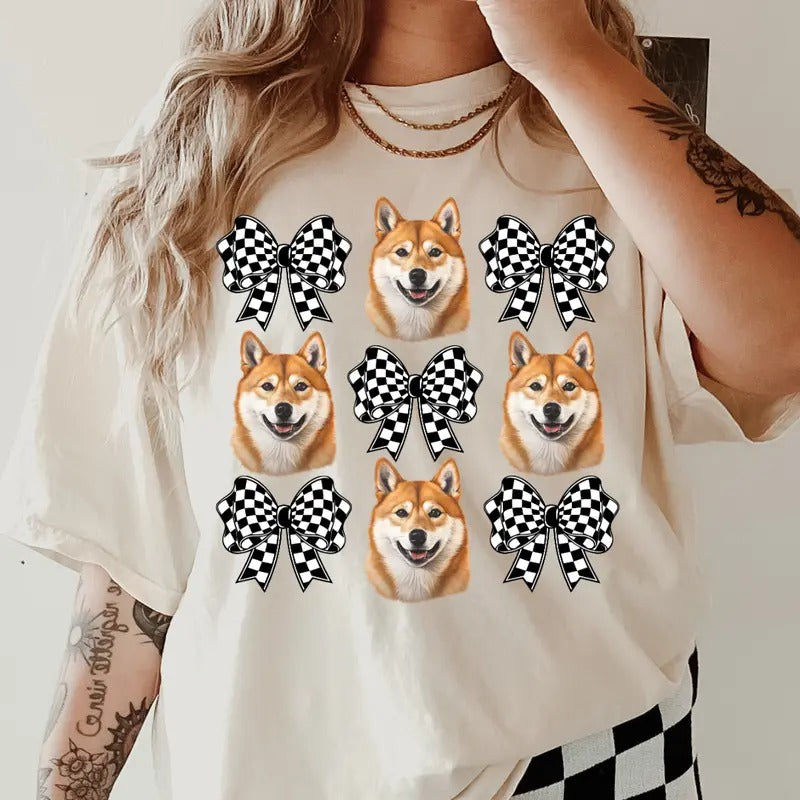 Checkered Bows & Shiba Inu Shirt ~ Unisex Apparel Relaxed Fit Printed In The USA Clothing Womenswear Casual Comfort...