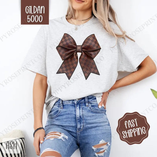 Checkered Coquette Bow Gildan, Bow Women's Tee, Cute Women's Tshirt Plus Sizes Hoodie, Sweatshirt | WearSparks.com