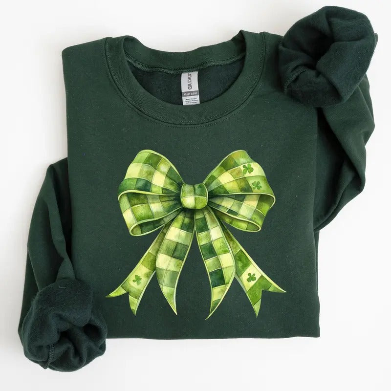 Checkered Coquette, Bow, Shamrock, Clover, Lucky, Retro, Lucky, Irish, Lucky Charm, St Patrick's Day Sweatshirt, Crew...