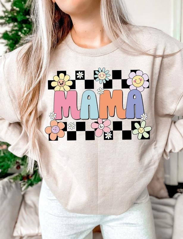 Checkered Flower Mama Sweatshirt, Groovy Mama Tee Shirt, Smiley Face Mama Sweater, Floral Mama T-Shirt, Retro Mommy...