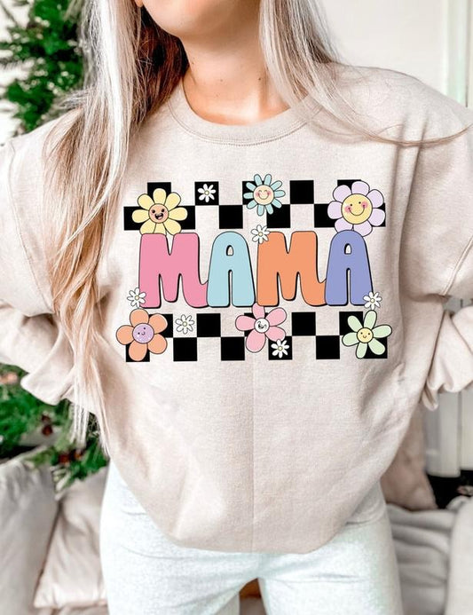 Checkered Flower Mama Sweatshirt, Groovy Mama Tee Shirt, Smiley Face Mama Sweater, Floral Mama T-Shirt, Retro Mommy...