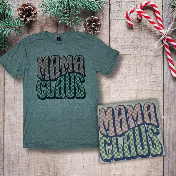 Checkered Mama Claus Tshirt- Soft Unisex Fit- Military Green Hoodie, Sweatshirt | WearSparks.com