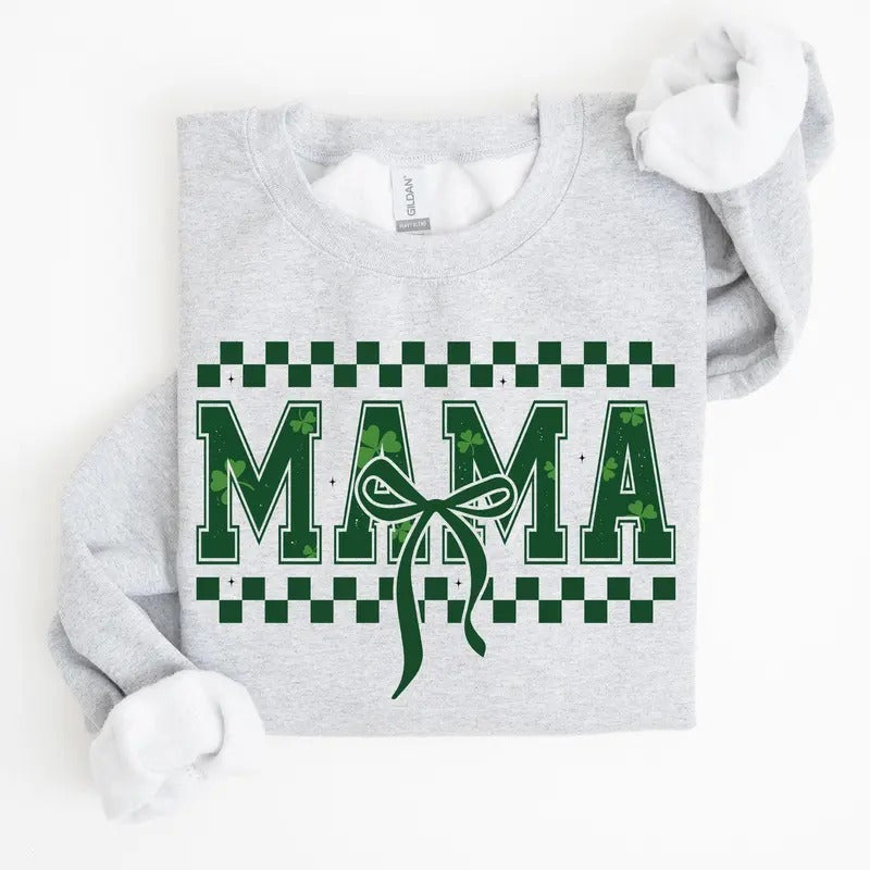 Checkered Mama, Vintage, St. Paddy's Day, Bow, Clover, Shamrock, Lucky, Irish, Lucky Charm, St Patrick's Day Sweatshirt,...