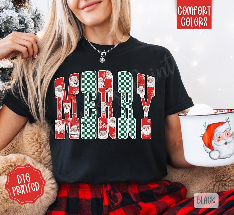 Checkered Merry Comfort Colors, Trendy Women's Christmas Tshirt Hoodie, Sweatshirt | WearSparks.com