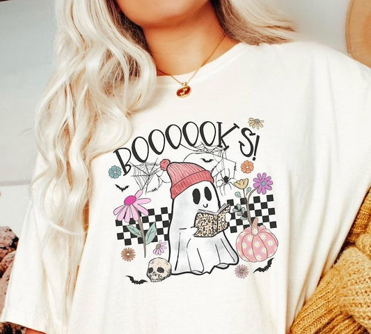 Checkered Retro Bookish Ghost Shirt, Halloween Ghost Reading Book TShirt, Rocker Halloween Bookworm Crewneck, Spooky...
