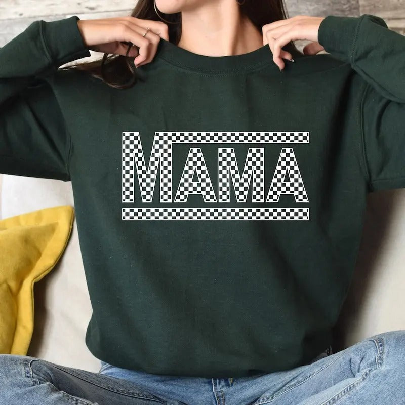 Checkered Retro Mama Sweatshirt Varsity Mom Crewneck Mother's Day Gift Retro Shirt Hoodie | WearSparks.com