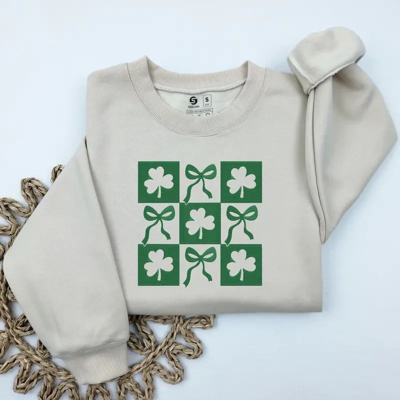 Checkered St Patrick's Day Embroidered Sweatshirt, Coquette St Patty's Day Sweater, Lucky Shamrock Sweatshirt T-Shirts,...