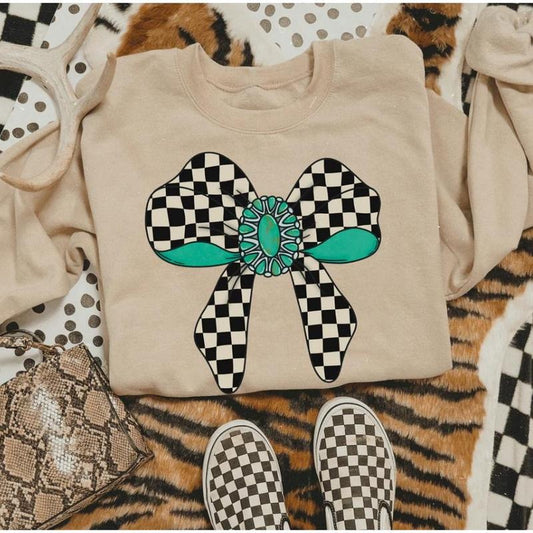 Checkered Turquoise Ribbon Sweatshirt, western clothing hoodies, western outfits women, western topsstyle{n002}2 T-Shirts