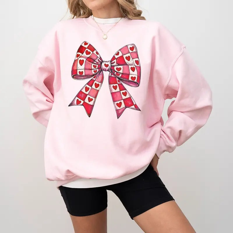 Checkered Valentine's Day Heart Sweatshirt, Coquette Bow Crewneck, Retro Valentine Love Sweatshirt, Romantic Holiday...