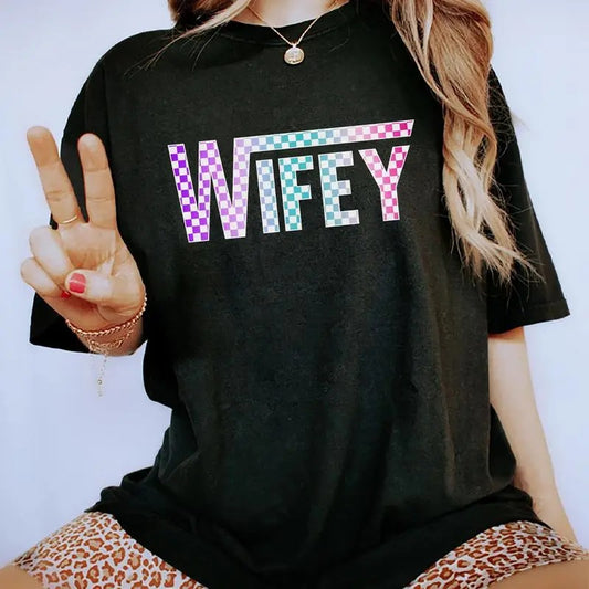 Checkered Wifey Tee, Newlywed Graphic Tee Women, Wedding Gift Shirt, Bridal Shower Gift Tee, Bride Bachelorette Party...