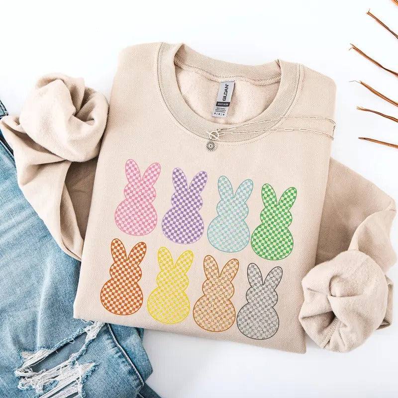 Checkered, Faux Glitter Bunnies, Easter, Bunny, Jesus, Rabbit, Holiday Sweatshirt, Crew Neck, Women's, Crewneck T-Shirts,...