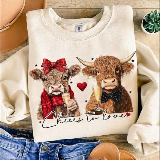 Cheers to love Highland Cow Valentine  Sweatshirt ,Coquette,Trending ,Girly Valentine T-Shirts, Hoodie | WearSparks.com