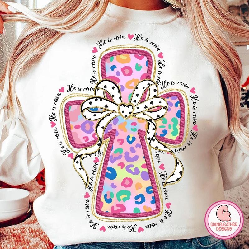 Cheetah cross easter Sweatshirt, Coquette cross Sweatshirt, He is risen Sweatshirt, Jesus easter Sweatshirt, Christian...