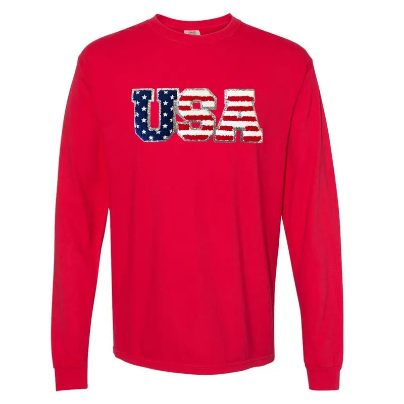 Chenille USA Patch Long Sleeve Comfort Colors T-Shirt Hoodie, Sweatshirt | WearSparks.com
