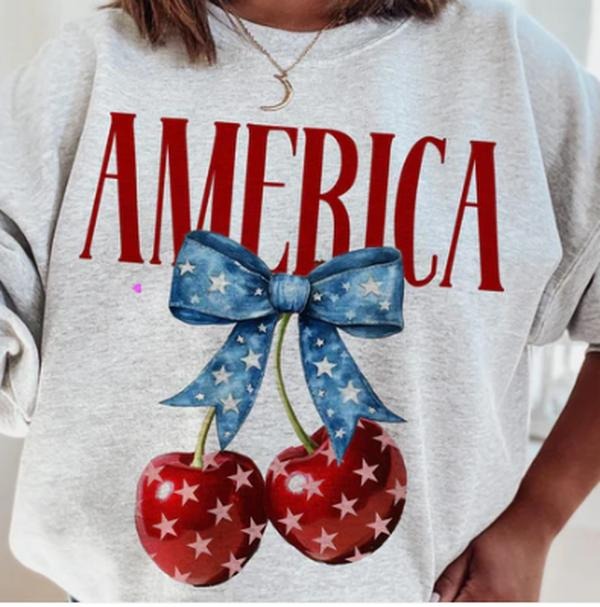 Cherry 4th Of July Tshirt, Patriotic Cherry Tee, USA Star Shirt, Memorial Day Shirt, Trendy Independence Coquette Bow Day...
