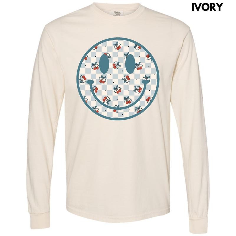 Cherry Checkered Happy Face Long Sleeve Comfort Colors T-Shirt 'NLB' Hoodie, Sweatshirt | WearSparks.com
