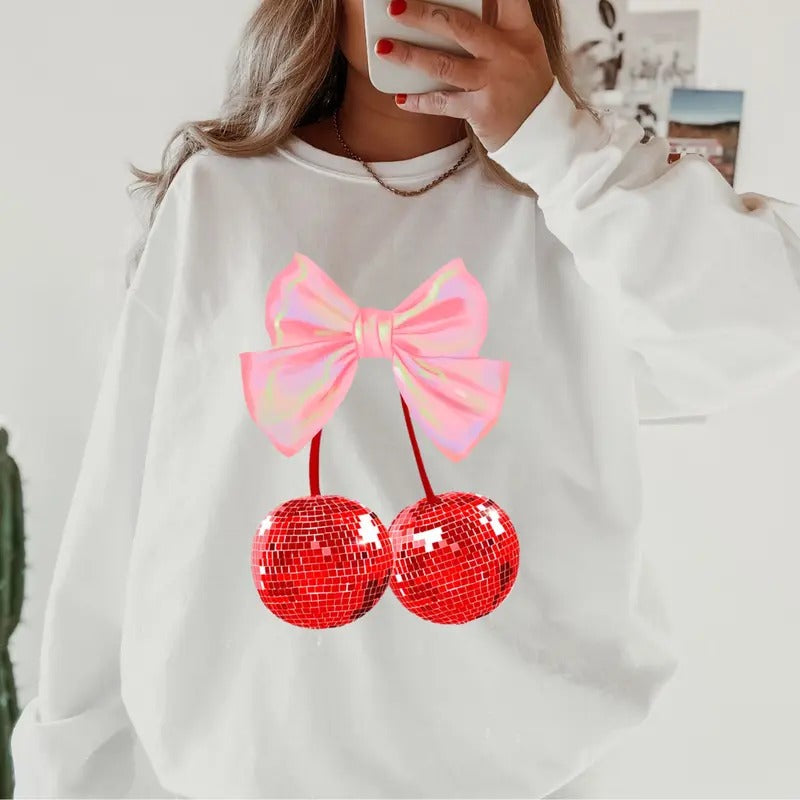 Cherry Disco Bow Graphic Valentines day Crewneck ~ Sweatshirt Unisex Apparel Relaxed Fit Printed in the USA Clothing...