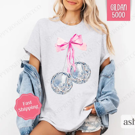 Cherry Disco Bow Shirt Gildan, New Year's 2025 Women's Tee,  NYE Women's Tshirt Plus Sizes Hoodie, Sweatshirt