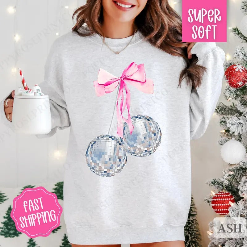 Cherry Disco Bow Sweatshirt, New Year's 2025 Crewneck, NYE Women's Sweater T-Shirts, Hoodie | WearSparks.com