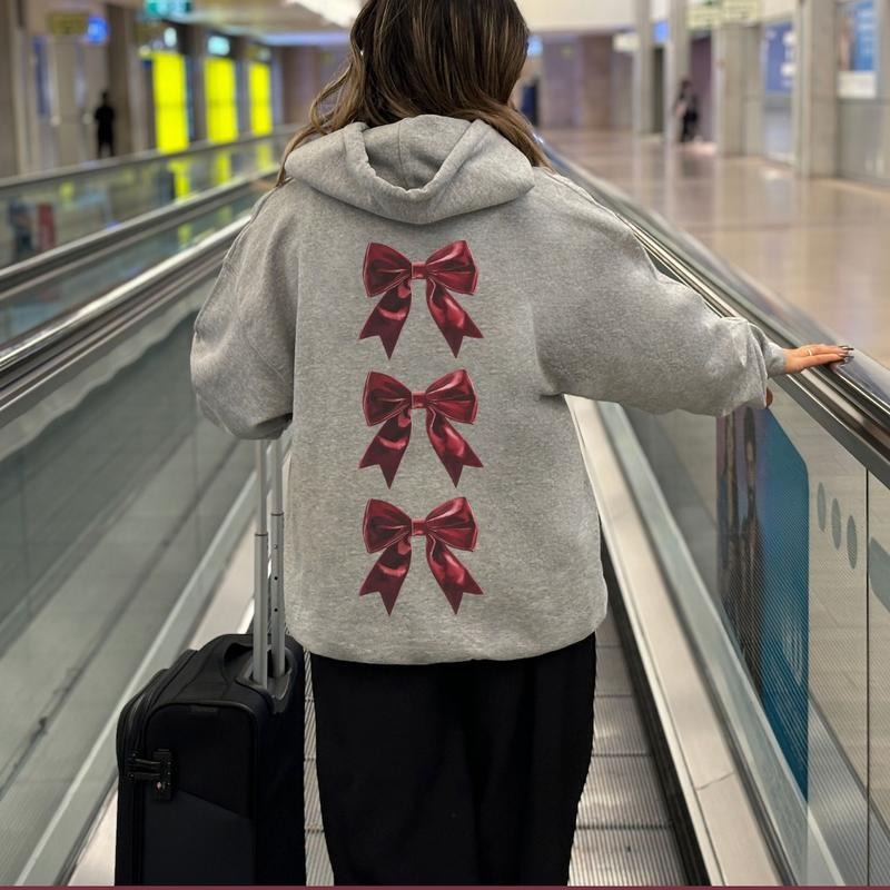 Cherry Red Bow Oversized Hoodie, Trendy Sweatshirt for Summer, Women's Letter Print Drop Shoulder Drawstring Hoodie,...