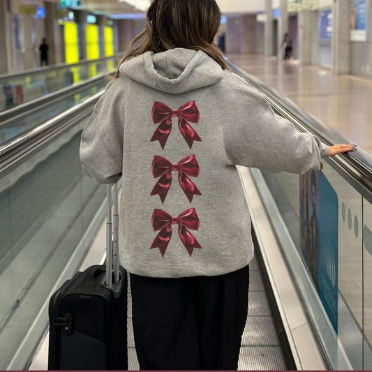 Cherry Red Bow Oversized Hoodie, Trendy Sweatshirt for Summer, Women's Letter Print Drop Shoulder Drawstring Hoodie,...