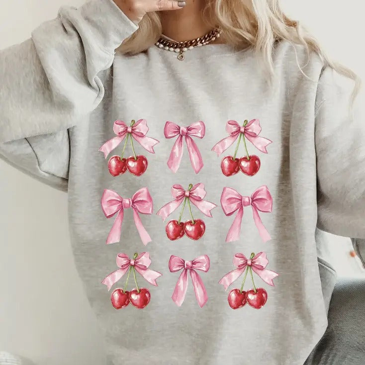 Cherry and Bow Crewneck ~ Sweatshirt Unisex Apparel Relaxed Fit Printed in the USA Clothing Womenswear Casual and...